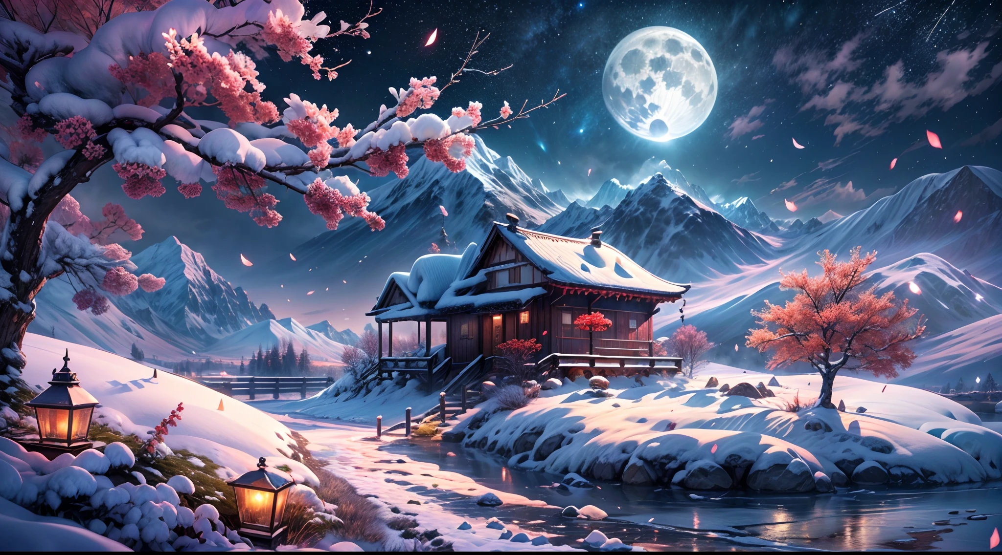 Masterpiece, Best quality, Highly detailed, offcial art, Extremely detailed Cg Unity 8K wallpaper, absurderes, 8K resolution, available  light, In winter, (snow mountains:1.8,snow landscape:1.3,Nature views:1.2),snowflower, Snow,Ice, Hills, ice river, Beautiful detailed sky, Night, stars, (red plum blossom),((winter)),(((snowflower))), ((red and white flowers))，(Starry sky),(Sitting),((Colorful)),scenery, lantern,(Starfall)，High contrast，beautiful detailed glow, detailed ice, beautiful detailed  water, (Cold full moon), snowflower, (floating cloud:1.1),color difference, Detailed, hdr, fashion trends on ArtStation, Fashion trends on CGSociety,