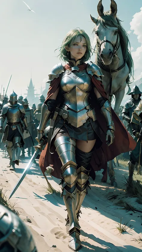 a female knight, small helmet, green hair, 8k, UHD, very detailed face, small scar on 1 eye, slimpy armor, wielding long sword, ...