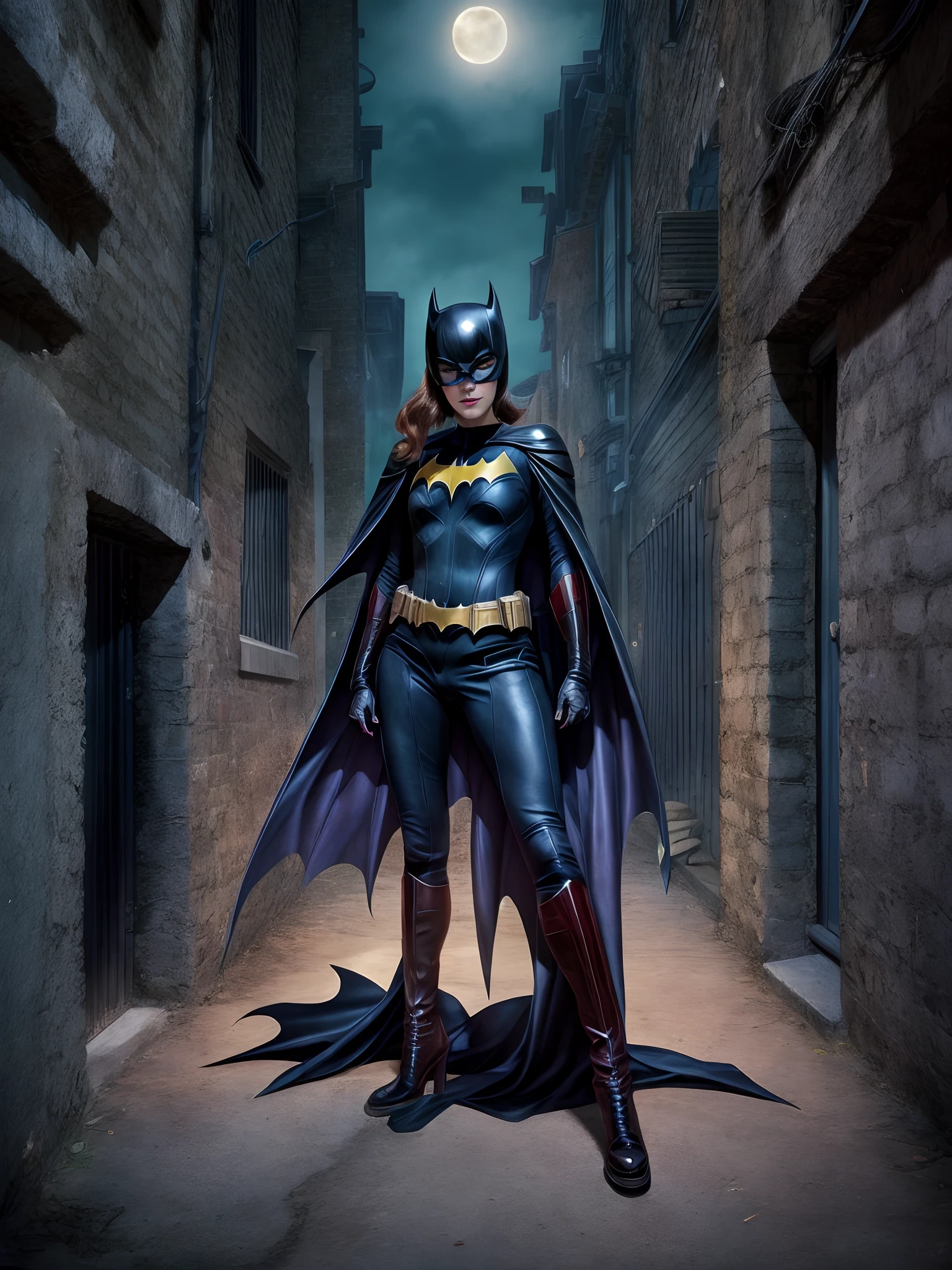 (Emma Watson) as Batwoman standing in alleyway with full moon in background, batgirl, anigirl batman, chris moore. artgerm, karen gillan batgirl, maika monroe batgirl, by Brian Thomas, batwoman, artgerm julie bell beeple, by John La Gatta, portrait shot, by James Gurney, by Wayne England