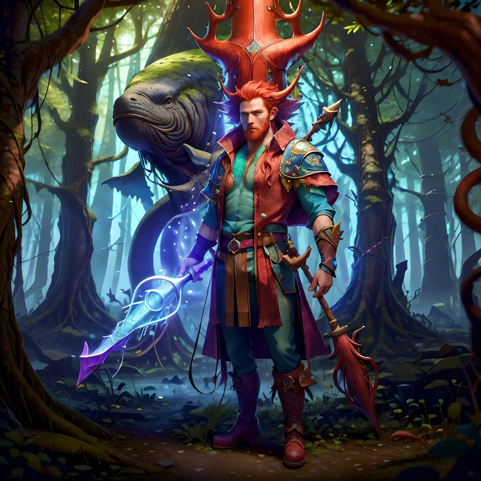 Model No.: Lyriel ,DruidMagicAI ,BiopunkAI 2 , Man with red hair , dressed in a whaleskin costume , It stands in full growth against the background of the forest , His boots are visible , A magic staff is visible in his hand , Front light.