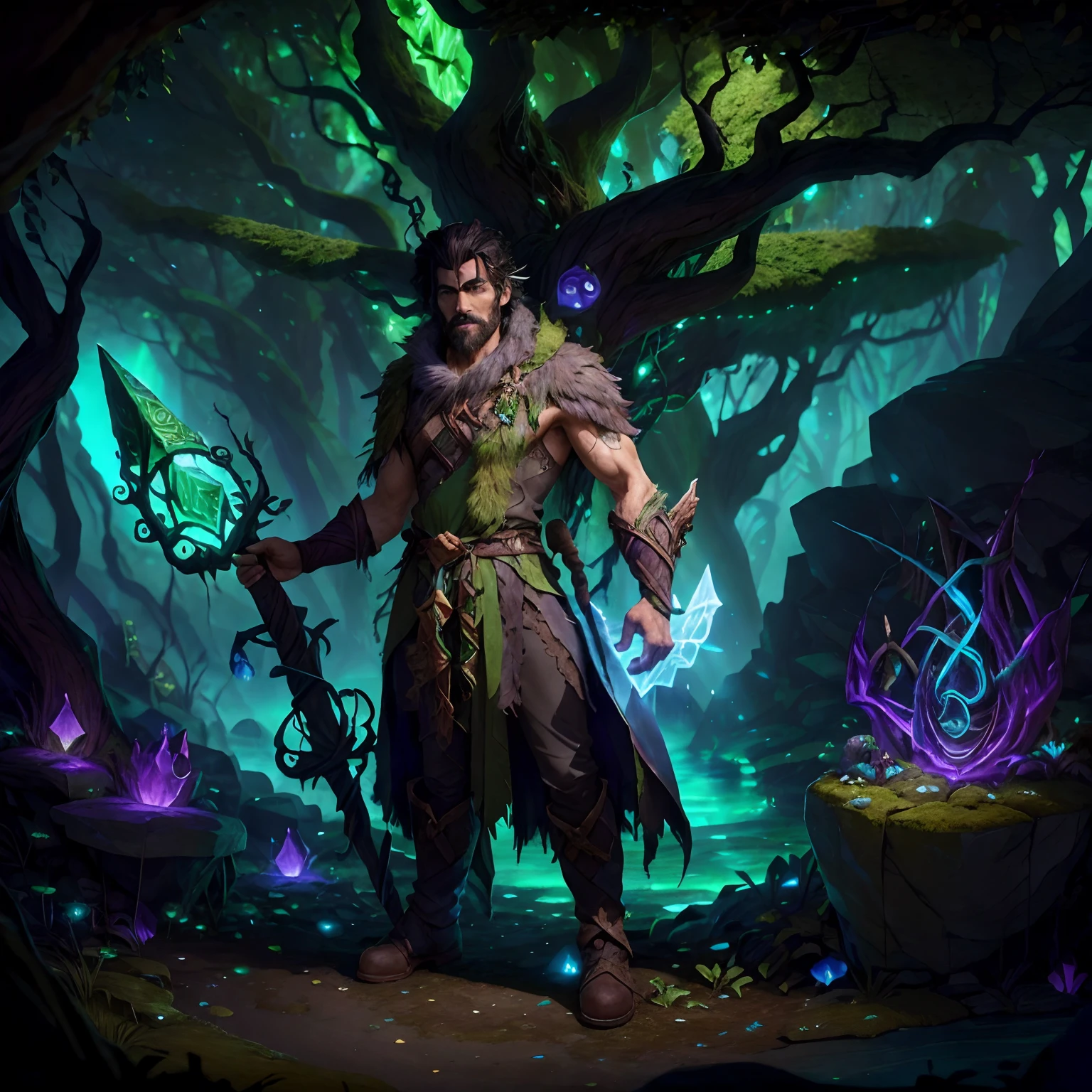 Model No.: Lyriel ,DruidMagicAI ,StonepunkAI , A black-haired man dressed in a green druid costume , stands in full growth against the background of the cave , His boots are visible , A magic staff is visible in his hand , Front light.