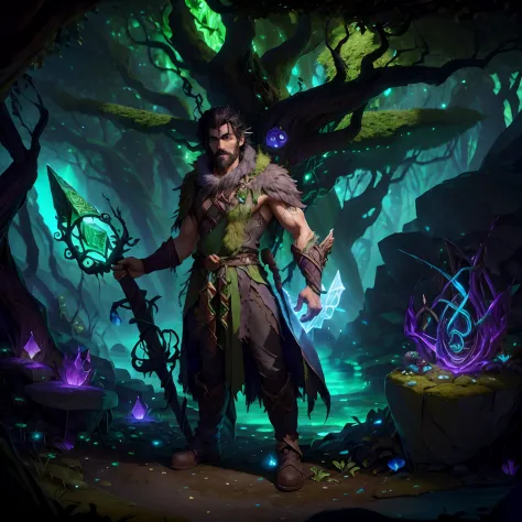 model no.: lyriel ,druidmagicai ,stonepunkai , a black-haired man dressed in a green druid costume , stands in full growth again...