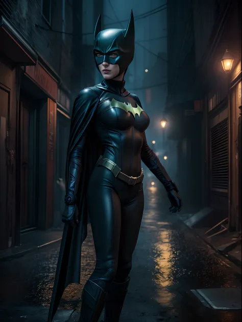 dominatrix cyber batwoman wearing a skin-tight uniform with a black cape in a dark and sinister narrow alley under a dim street ...