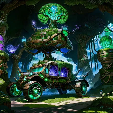 Model
RPG , 
DruidMagicAI , TeslapunkAI , The carriage is on the road , Its wheels covered with green leaves are visible; , Unus...