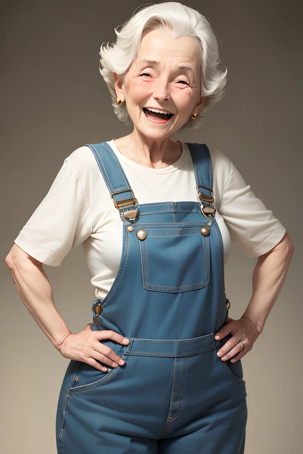 An older woman in overalls and a white shirt smiles - SeaArt AI