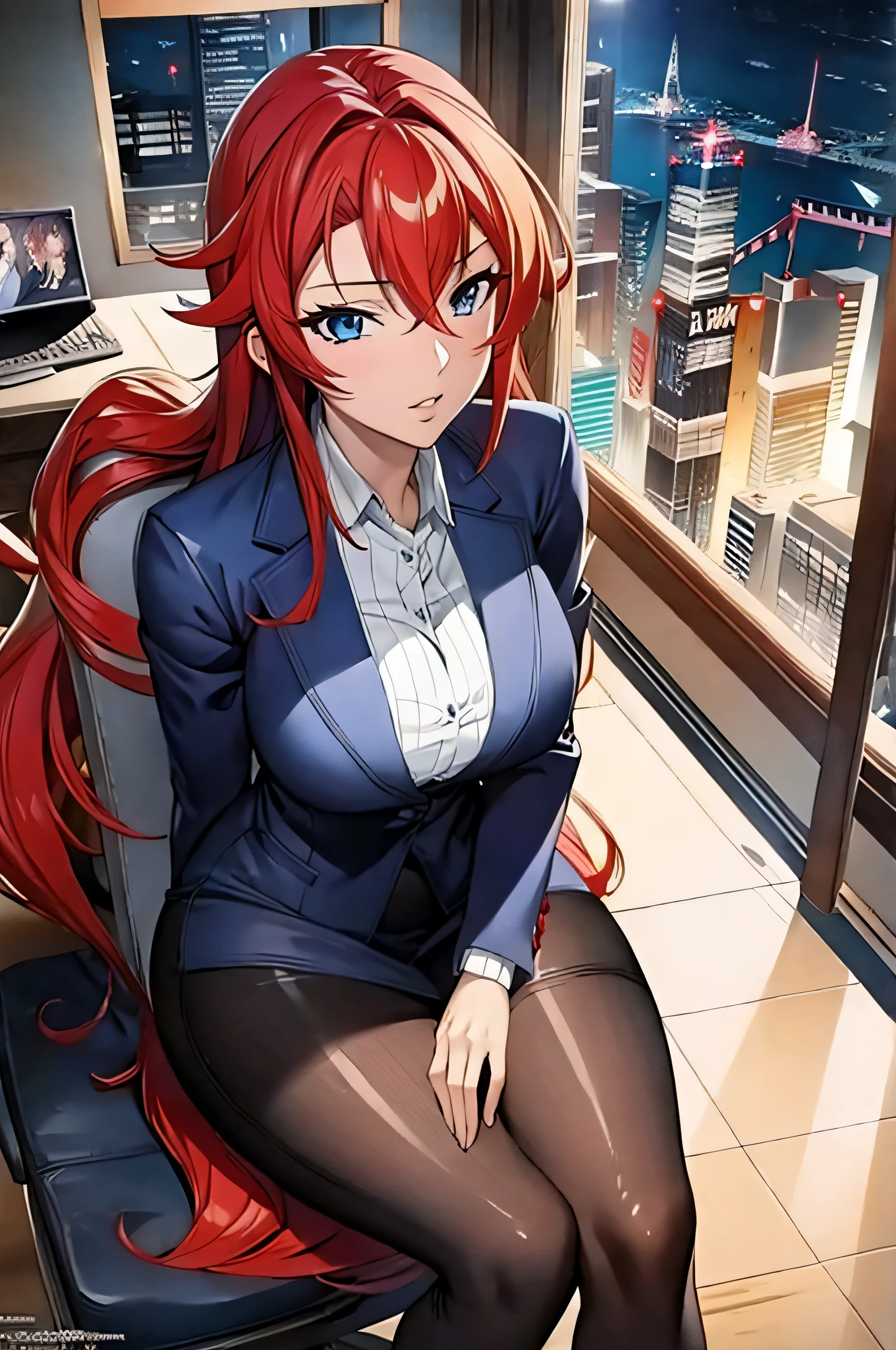 (chef-d&#39;œuvre, Meilleure qualité, détaillé),1fille,maquillage gremory,cheveux roux, ahogé, yeux bleus, gros seins , assis sur une chaise de bureau, art cg anime lisse, (SNFW),chez pixiv, Assis à un bureau,haute résolution,clean détaillé anime art,haute résolution, (des mains parfaites, Anatomie parfaite),