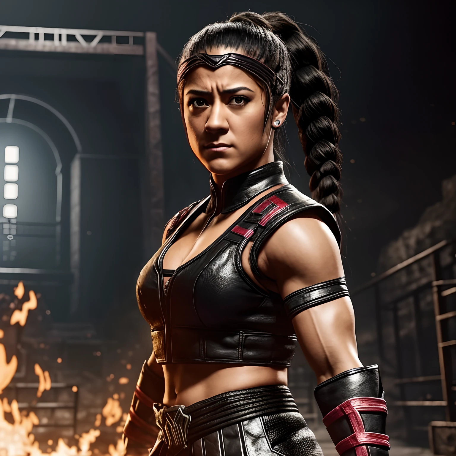 Female Bayley WWE superstar ready to fight against Mortal Kombat Outworld Hyperrealistic background scene..................