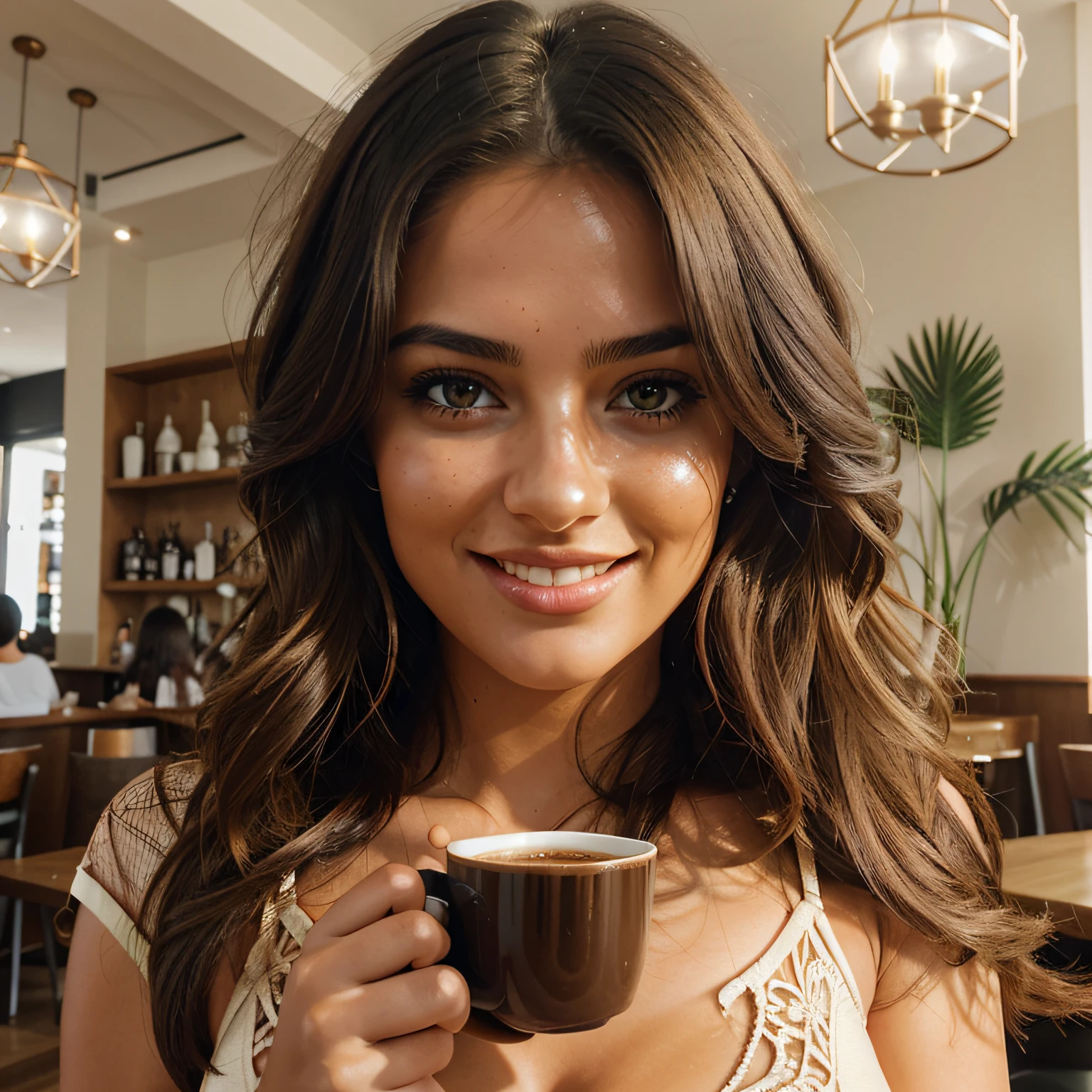 photography of a stunning girl, full bust view, wearing a sexy t shoirt, wavy hair, smiling while drinking a cup of coffe at a nice coffee shop, symmetrical eyes, symmetrical face, photorealistic, photography, path tracing, specular lighting, volumetric face light, path traced hair, visible shadows, intricate, elaborate, hyper realistic