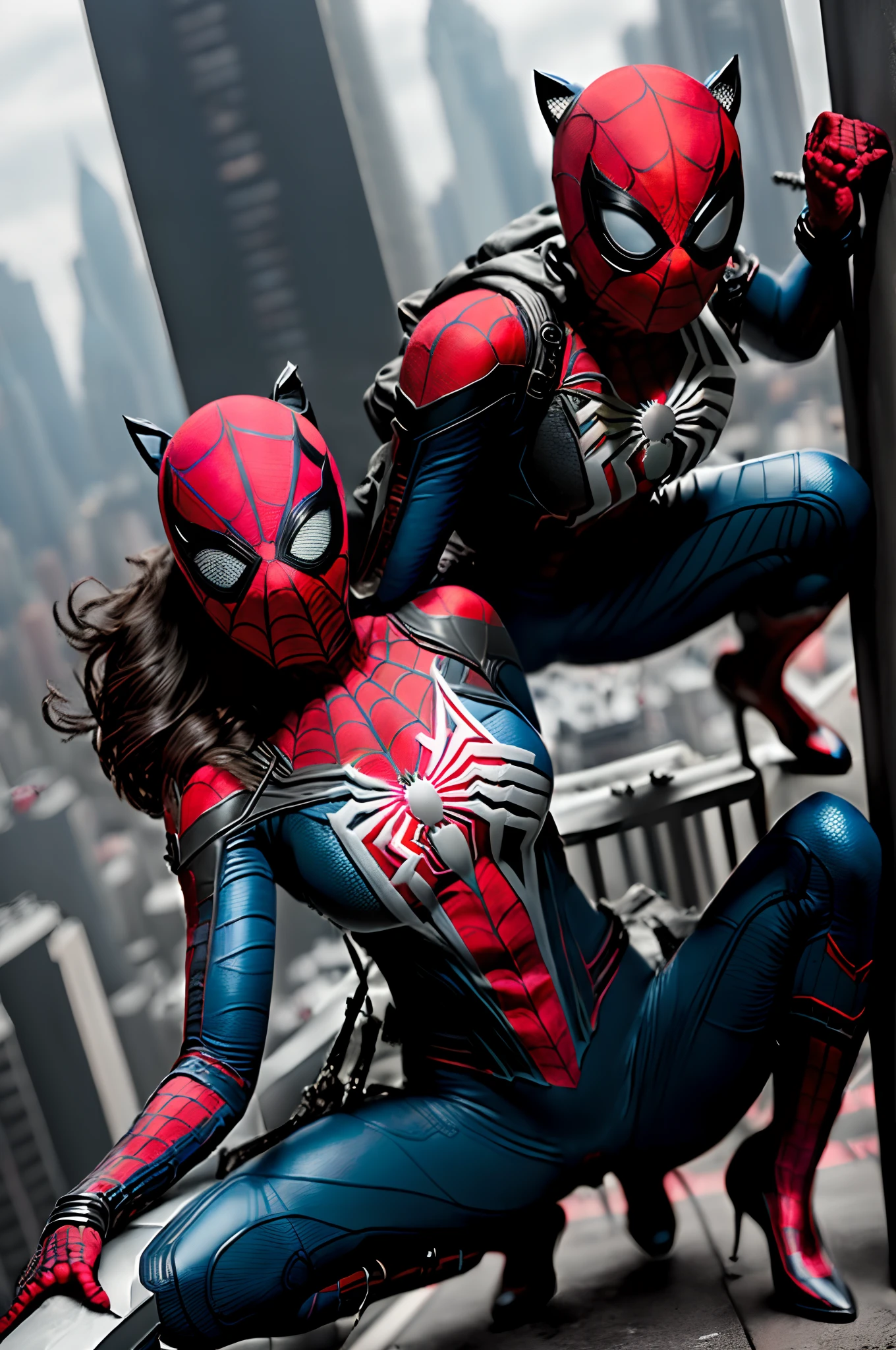 Spider - man and catwoman posing on a ledge in a city - SeaArt AI