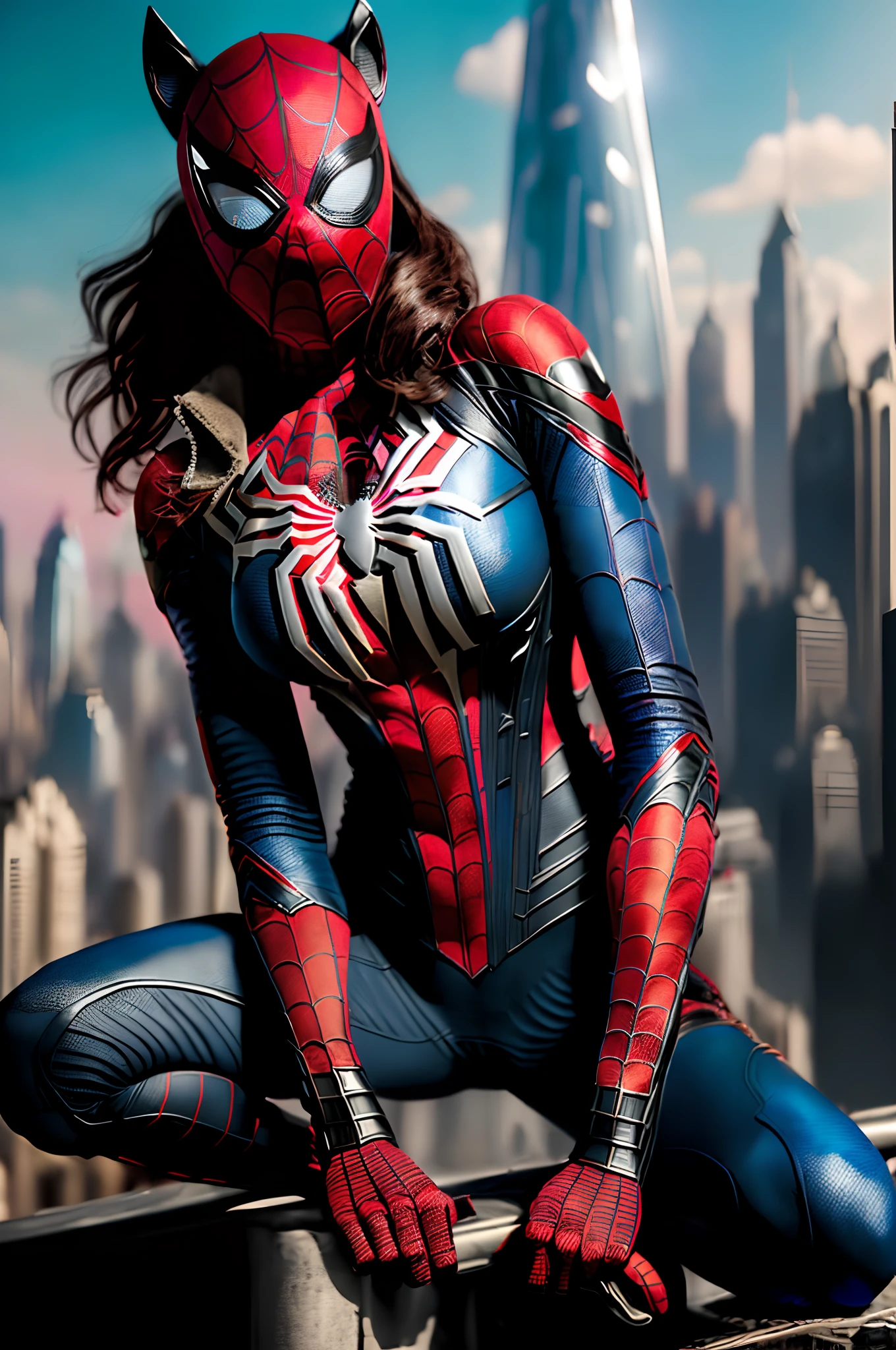 Spider - man in a cat suit sitting on a ledge in front of a city - SeaArt AI