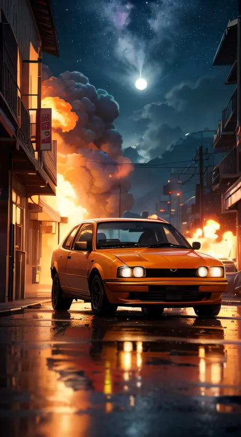 (masterpiece),best quality, (a car exploding at night, car on fire), explosion, ((cinematic, low angle)), bright, smoke,front vi...