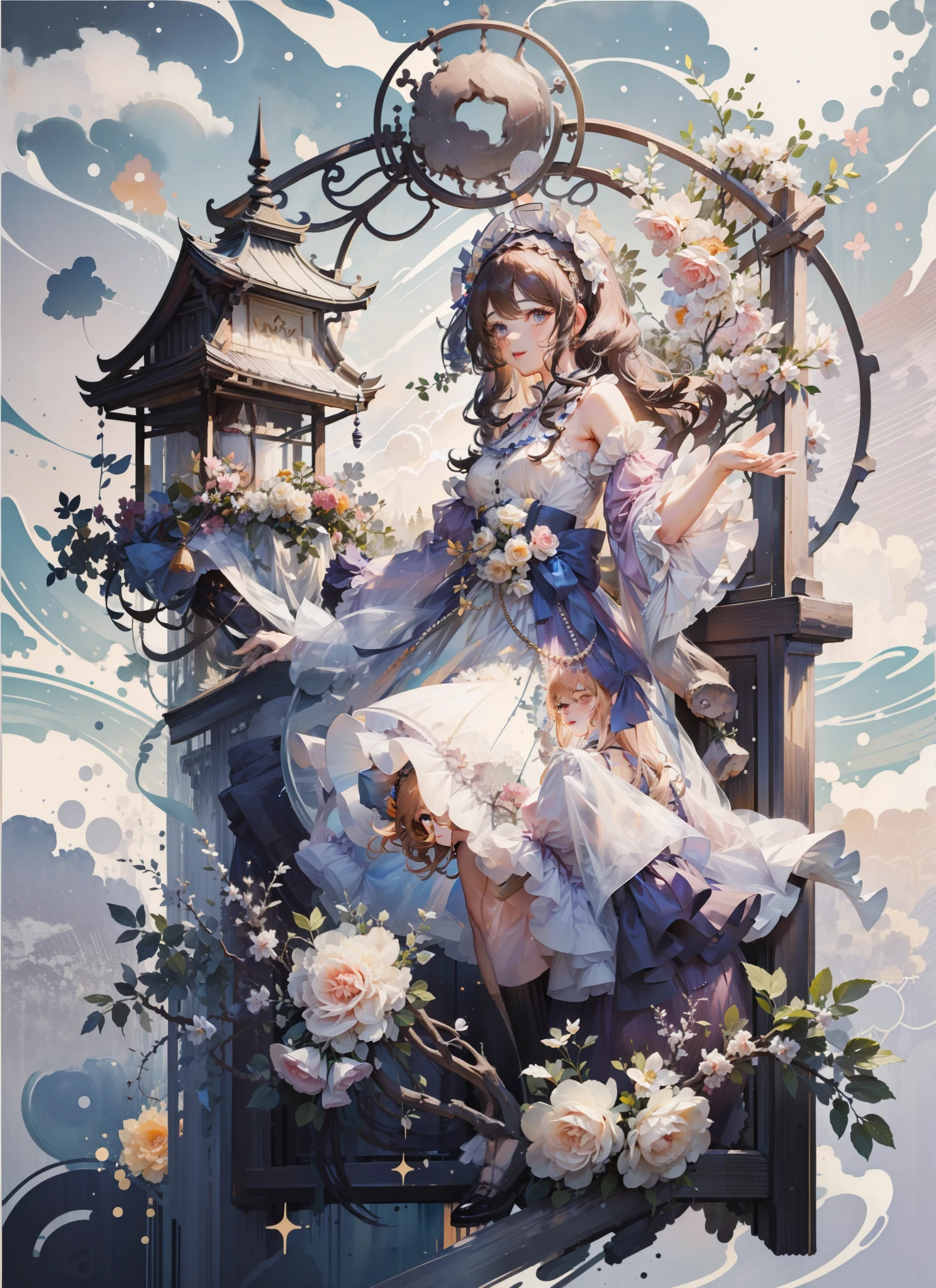 (Extremely delicate and beautiful:1.5),1girll, standing on your feet，full bodyesbian，Sweet face，Light smile，By bangs, Gemstone eyes, Contre-Jour，Long curly hair, Lolita dress, brown  hair, Keep one's mouth shut, seen from the side, lanterns, light particules, longer sleeves, looking at viewert，pink bows，solo