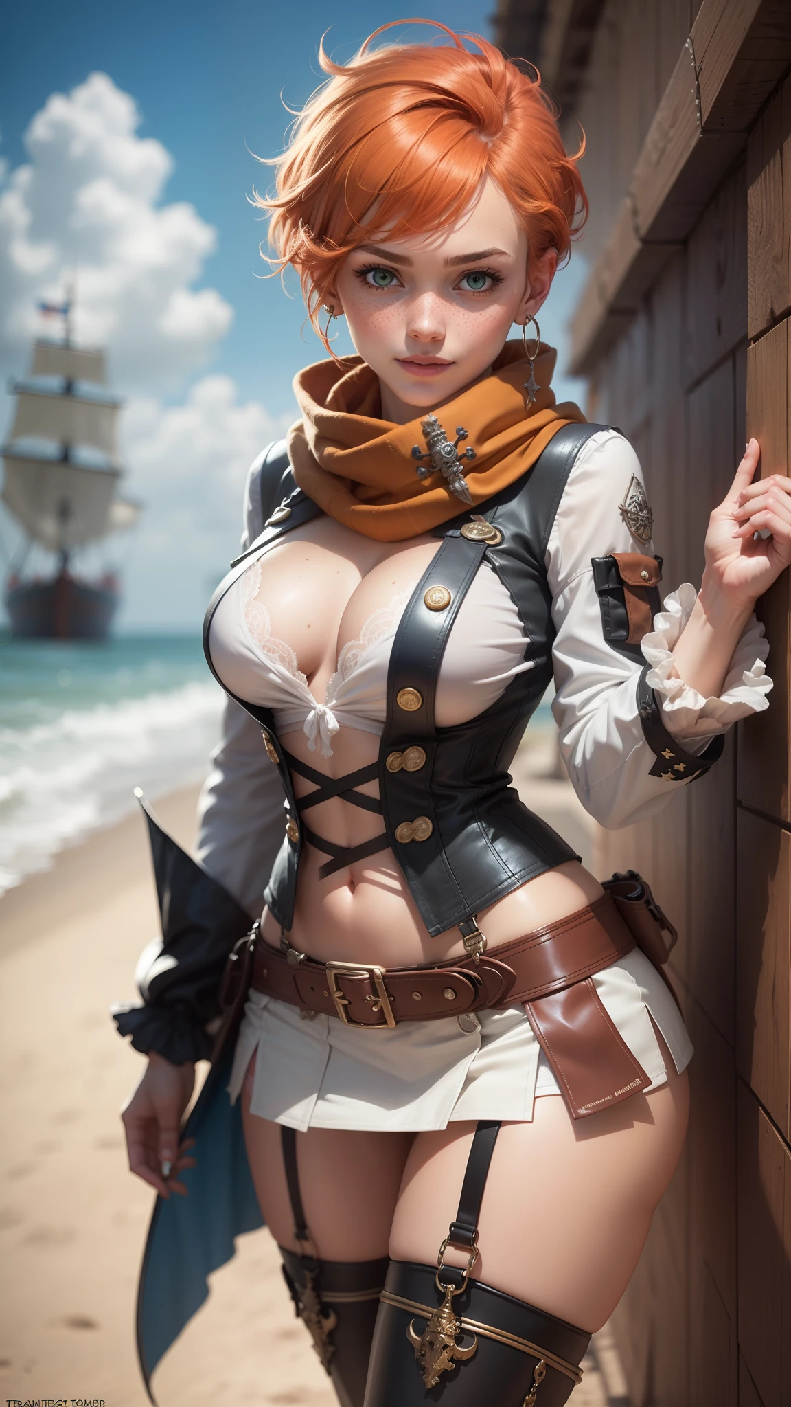 A woman in a cosplay outfit posing by the beach - SeaArt AI