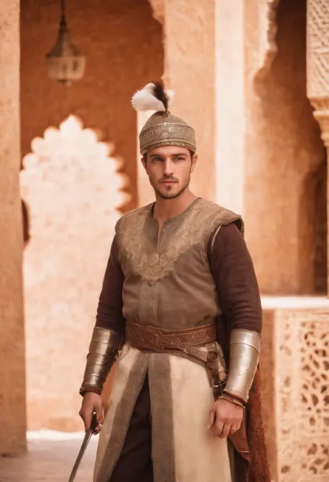 strong, A young man with brown and white hair, A slight beard and a full body dressed as a warrior standing in the palaces of Andalusia ,Moroccan mosaic,Moroccan Zellige,Islamic War Hat,The whole body looks at the camera holding a sword