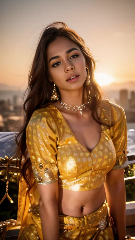 a close up of a srilanka female model 2 5 in a yellow outfit posing for a picture, traditional beauty, indian goddess, music video, indian, she is dressed as a belly dancer, beautiful pose, indian style, wearing a blouse, still shot from movie, photo shoot...
