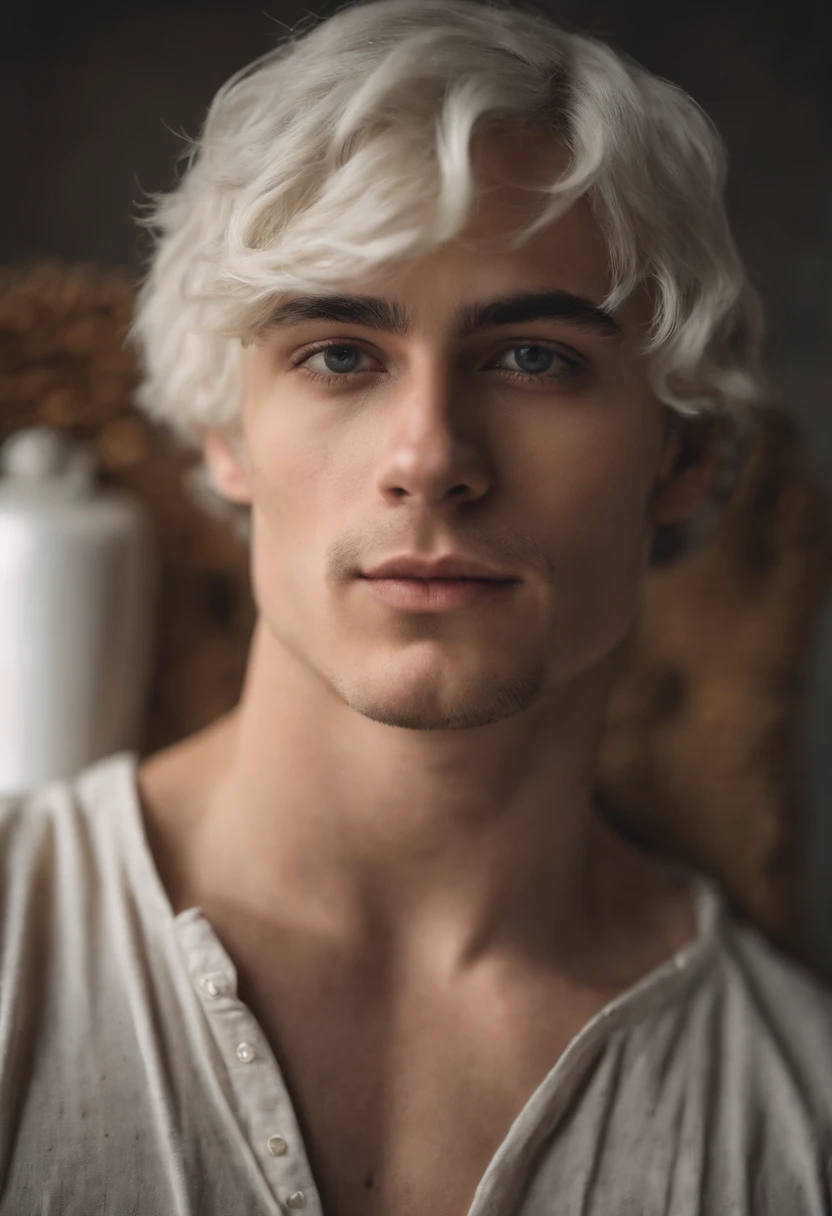 20-year-old male with white  hair, two block haircut , dressed in a plain white tank top, lying on a bed, pensive expression