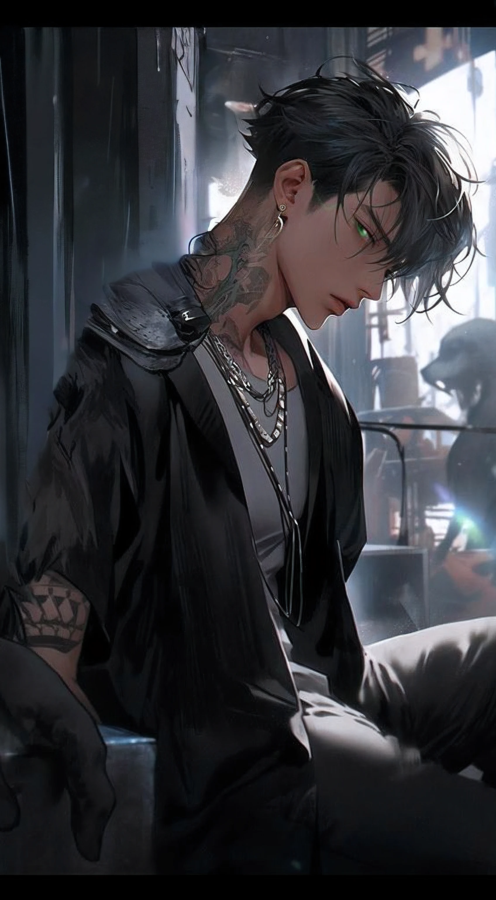 (best quality,highres,masterpiece:1.2),ultra-detailed,(realistic,photorealistic,photo-realistic:1.37),detailed black hair and black eyes girl, with full tattoos, silver necklaces, and piercing gaze, illustrations, dark atmosphere, gothic style, vivid colors, dramatic lighting, sasuke uchiha