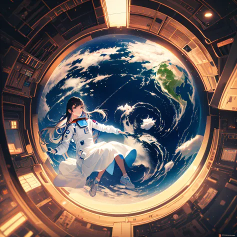 digital art, (beautiful woman, astronaut clothes), (floating inside a spaceship, window with view of the earth in the background...