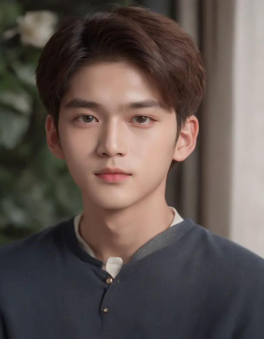A pretty Asian boy with soft-looking features and big green eyes. The portrait focuses on his face, with a close-up shot taken at 85mm. He is looking directly into the camera. The boy resembles Kim Taehyung and Cha Eun-Woo. The artwork is created using hig...