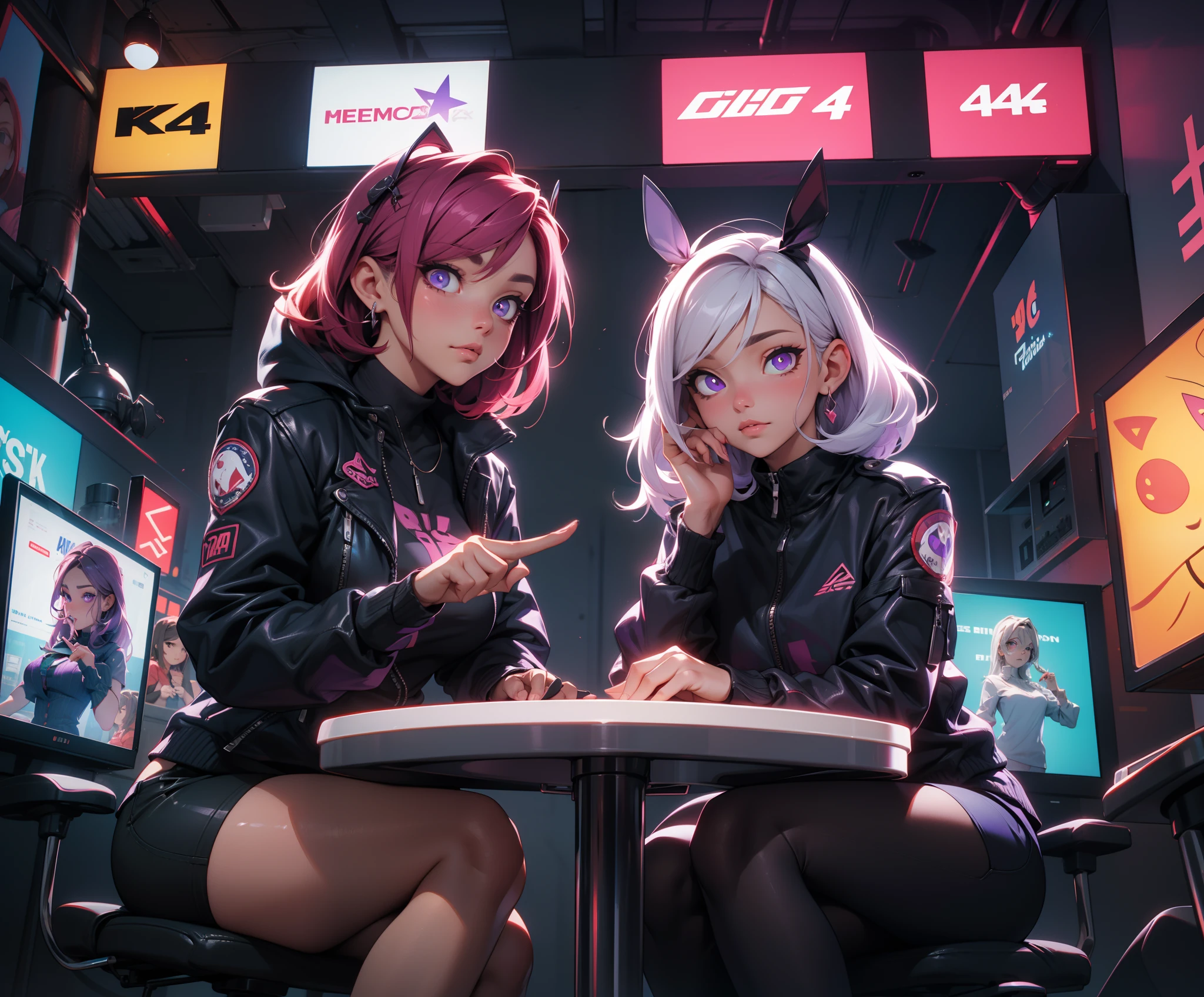 Two anime girls sitting at a table in front of a tv - SeaArt AI