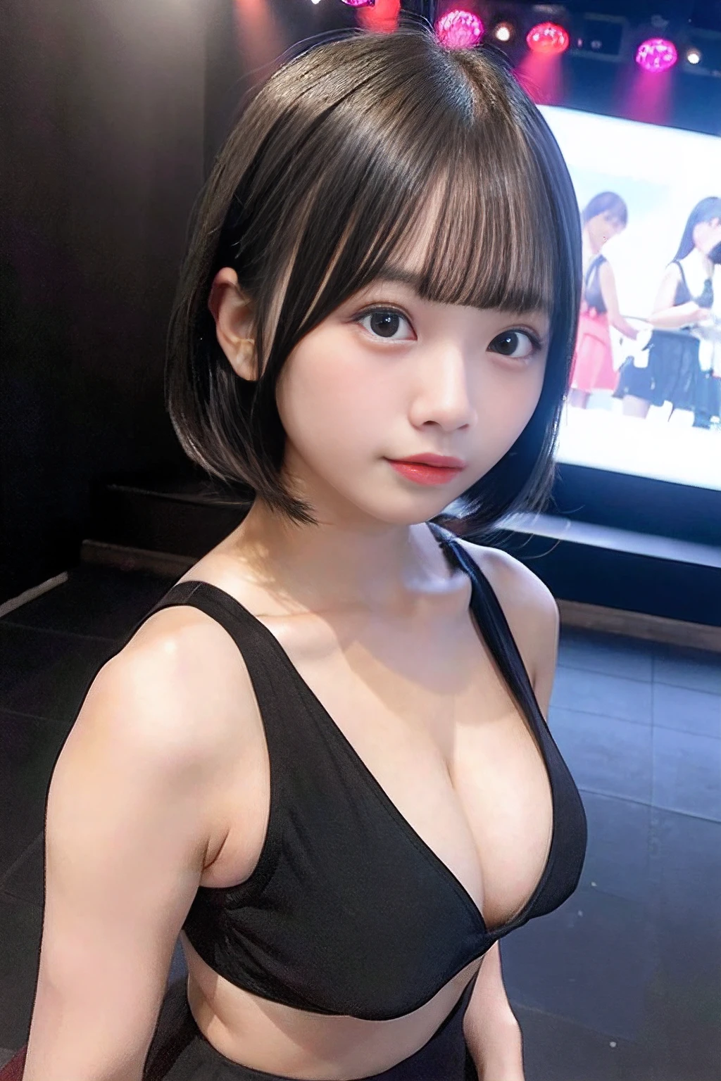 日本語、アイドル、十代の少女、かわいい、ブラックボブカット、巨大なシジュウカラ、胸の谷間、セクシー ステージ衣装、コンサートステージの上、高い