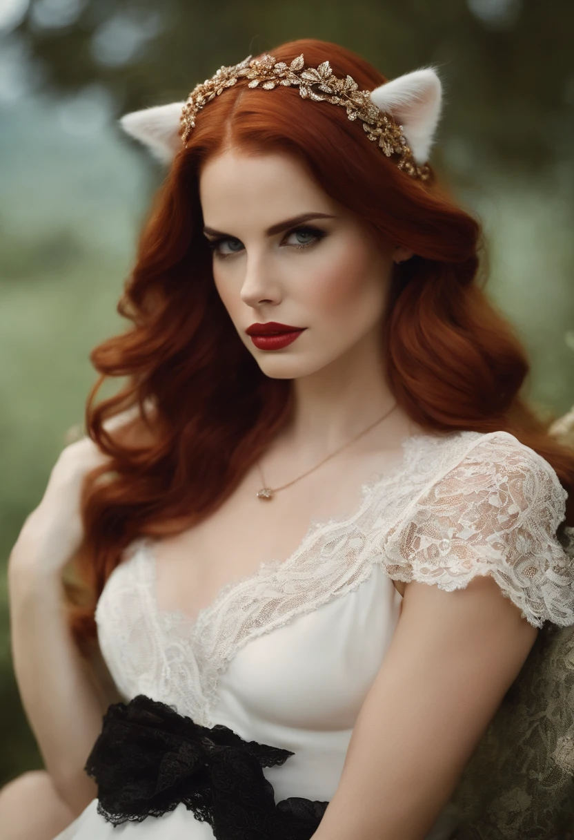 A woman with red hair wearing a white dress and a cat ear headband - SeaArt  AI