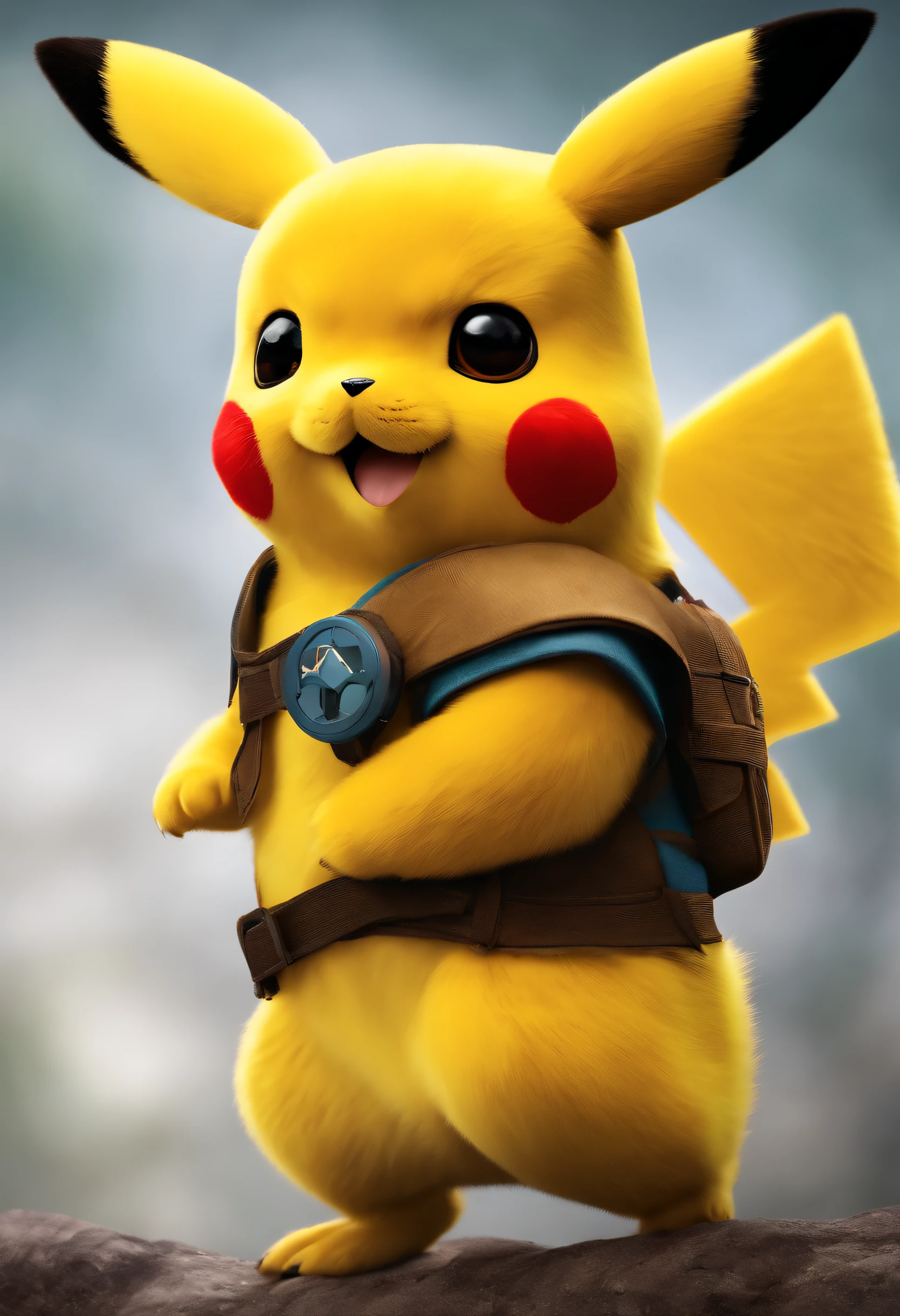 Un pikachu de dibujos animados está parado sobre una roca con una mochila -  SeaArt AI