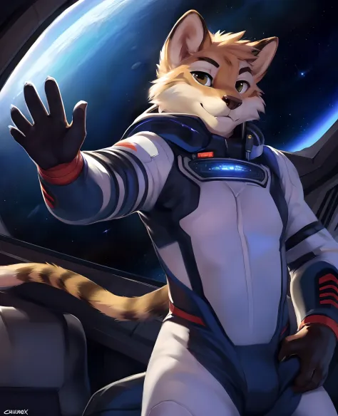 ratchet, detailed eyes, detailed face, detailed fluffy fur, athletic, stripes, male, anthro lombax, (wearing space suit:1.2), gl...