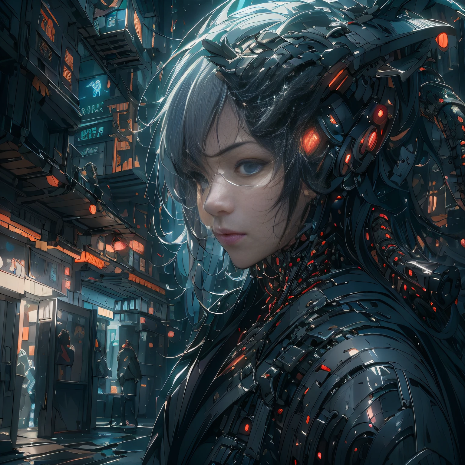 （（A futuristic））， （（myth））， （（fanciful）），Machinary，1girll， Cyberpunk urban environment， gray-haired girl，Avant-garde clothing， （Surrounded by mechanical Asian dragons：1.5）， Mechanical dragon，（neonlight：1.2）， （cybernetically enhanced：1.1）， （Fine dragon scales：1.1）， （action-packed scene：1.2）， （cinematic compositions：1.1）， Mixed media artwork， 8K resolution，best qualtiy，lightand shade contrast，Unreal 5，