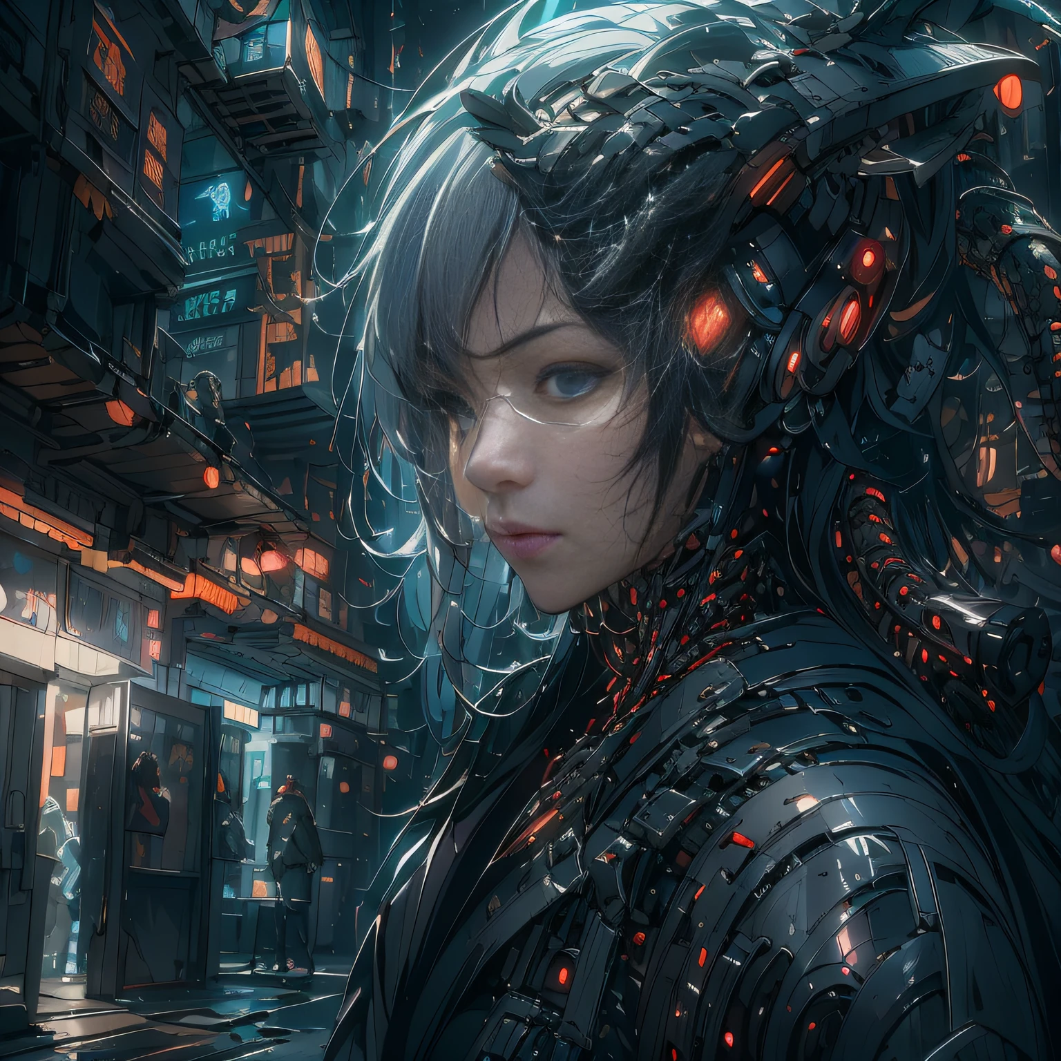 （（مستقبلية））， （（خرافة））， （（خيالي）），آلية，1girll， البيئة الحضرية Cyberpunk， الفتاة ذات الشعر الرمادي，الملابس الطليعية， （محاط بالتنين الآسيوي الميكانيكي：1.5）， التنين الميكانيكي，（ضوء النيون：1.2）， （مُحسّنة عبر الإنترنت：1.1）， （حراشف التنين الجميلة：1.1）， （مشهد مليء بالحركة：1.2）， （التراكيب السينمائية：1.1）， أعمال فنية مختلطة الوسائط， دقة 8K，أفضل جودة，تباين الضوء والظل，غير واقعي 5，