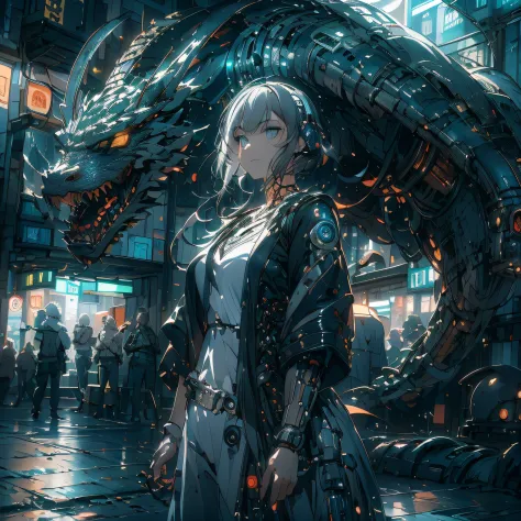 （（a futuristic））， （（mito））， （（fanciful）），machinary，1girll， cyberpunk urban environment， gray-haired girl，avant-garde clothing， （...