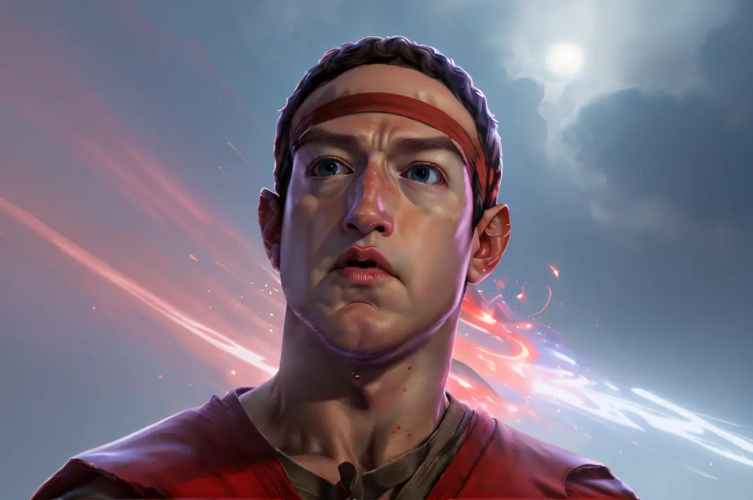 **Mark Zuckerberg Face arte de Ryu de Street Fighter apresenta raiva, Um rosto altamente detalhado, headband red, Um ambiente ex...