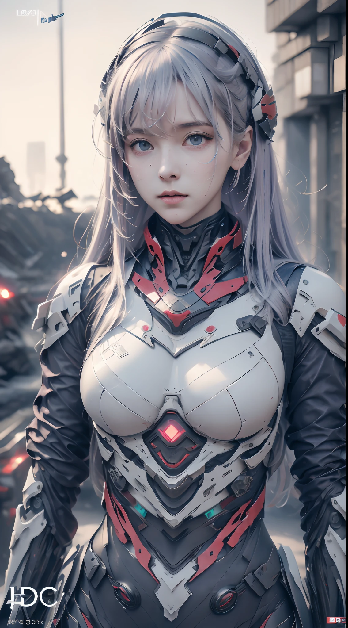 Stable diffusion cues:
lavender hair, Light blue eyes, A woman wearing a red and white mech, Metallic texture, (Best quality,4K,A high resolution,Masterpiece:1.2), Ultra-detailed, Realistic:1.37, sportrait, Vibrant colors, Soft lighting, Ruined city in the background