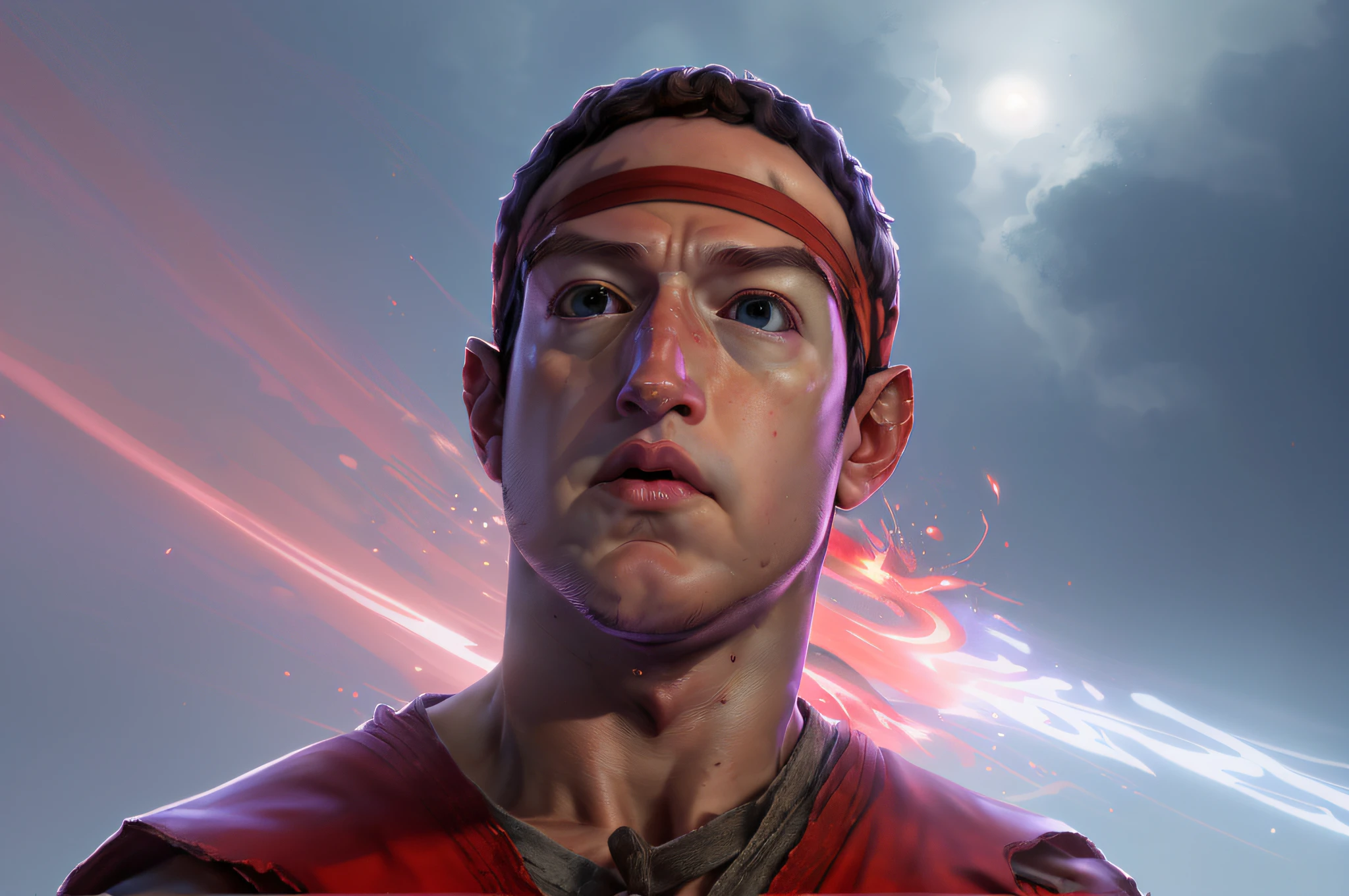 **Mark Zuckerberg Face arte de рю de Street Fighter apresenta raiva, Очень детальное лицо, повязка на голову красная, Чрезвычайно детализированная среда, подробная предыстория, экстремальные цвета, профессиональная цветокоррекция, краевое освещение, огонь, и хаос, рю**