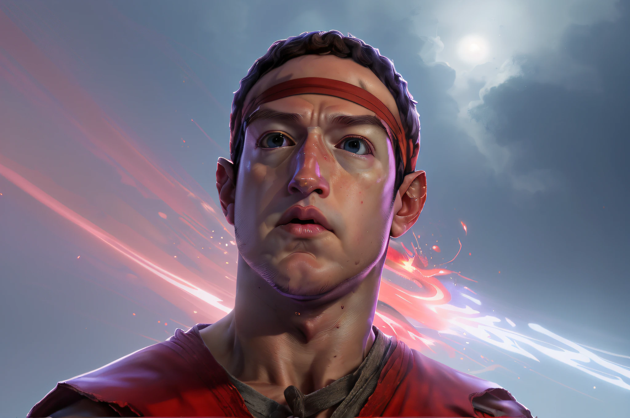 **Mark Zuckerberg Face arte de Ryu-R ... de Street Fighter apresenta raiva, Ein sehr detailliertes Gesicht, Stirnband rot, Eine äußerst detaillierte Umgebung, einen detaillierten Hintergrund, extreme Farben, Professionelle Farbkorrektur, Kantenbeleuchtung, Feuer, und Chaos, Ryu-R ...**