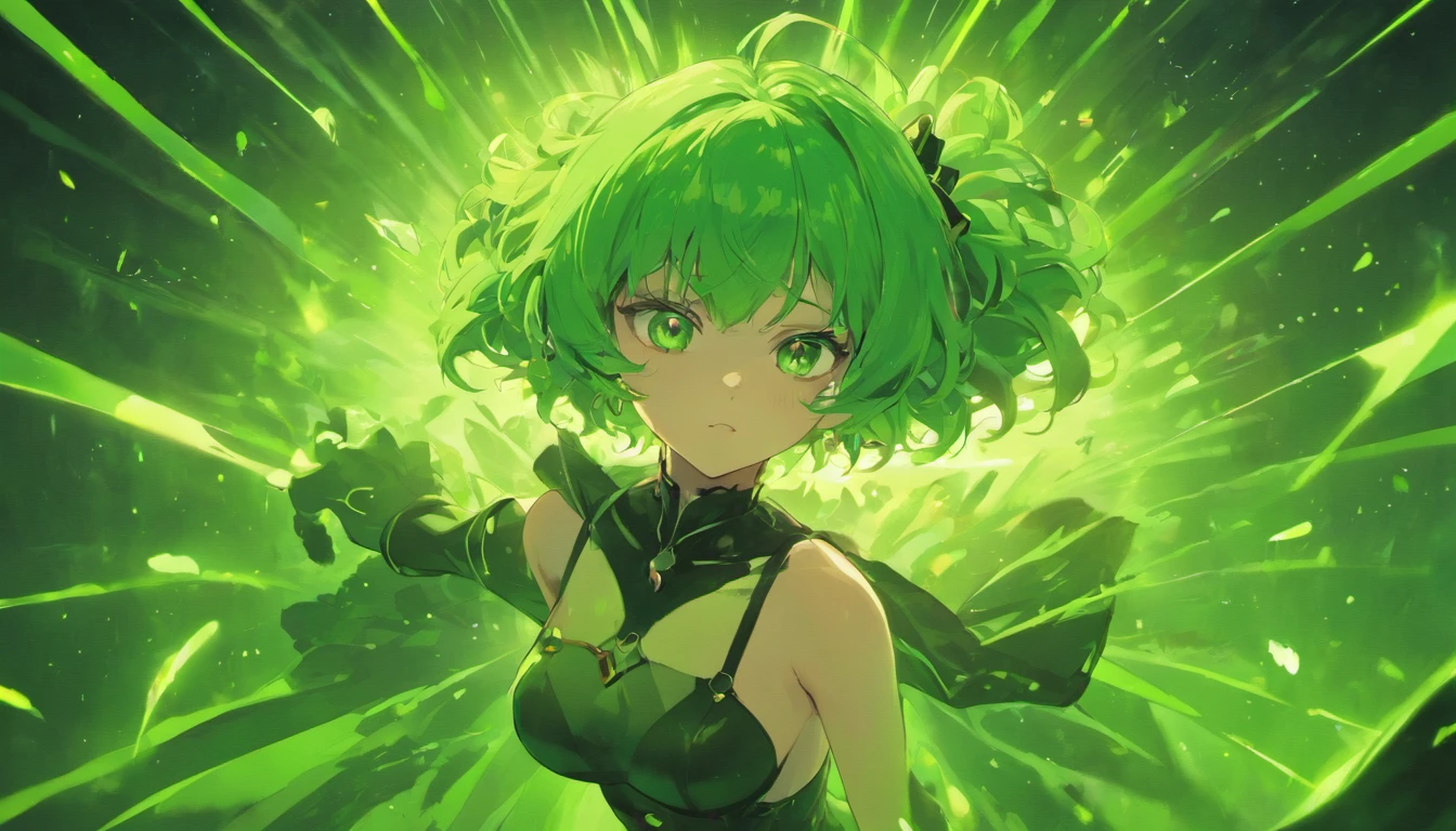 A woman in a green wig and black dress holding a green light - SeaArt AI