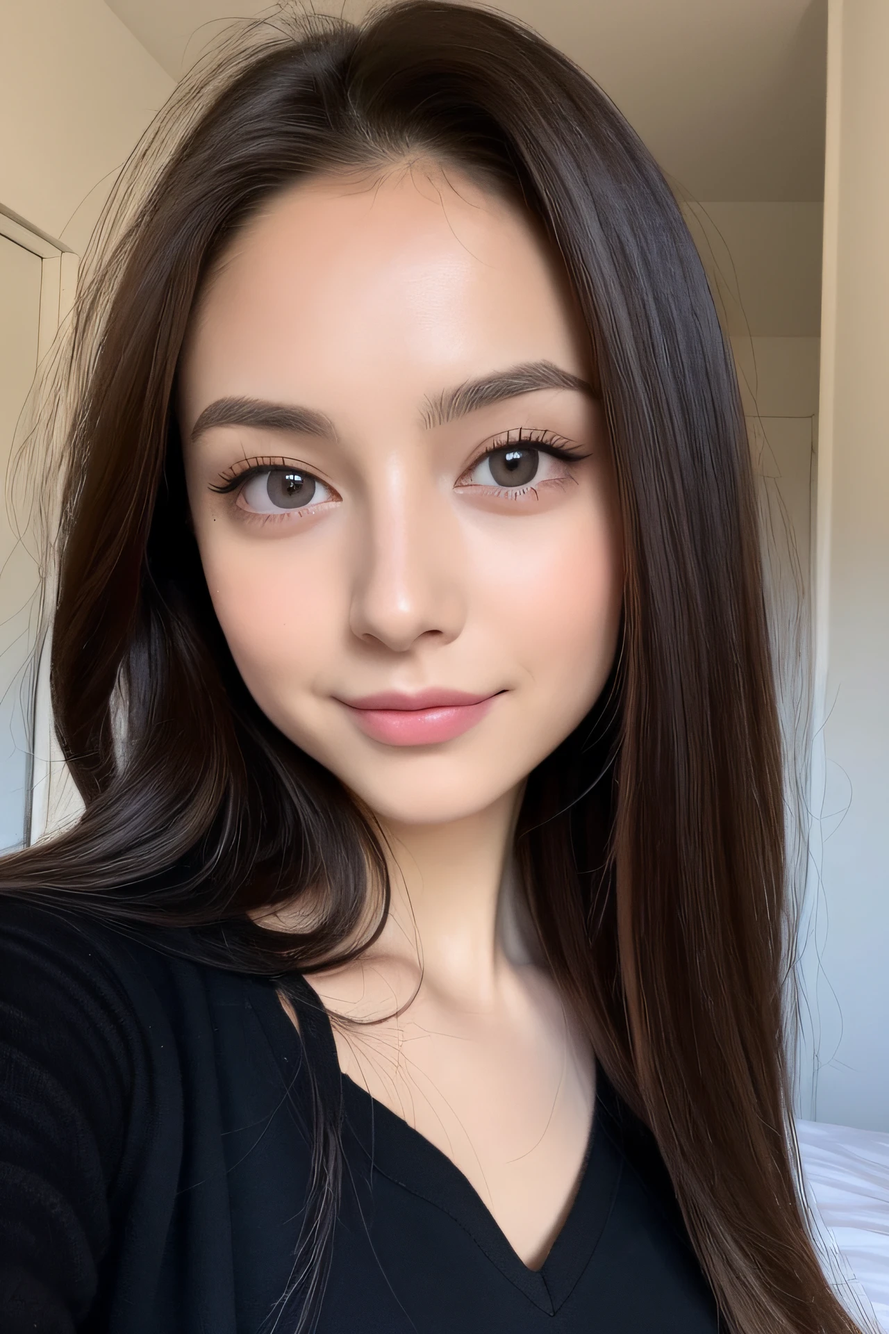 A woman with long brown hair and a black top posing for a selfie - SeaArt AI