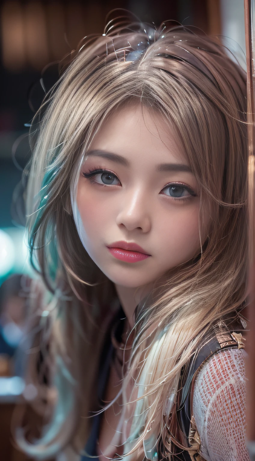 Woman working in urban tavern，((smooth hair，detailed hairs，Very fine hairs)),extremely detailed eye and face、beatiful detailed eyes,((Cool color makeup，Lowered eyebrows、Whitening effect，thin and thin eyebrows，