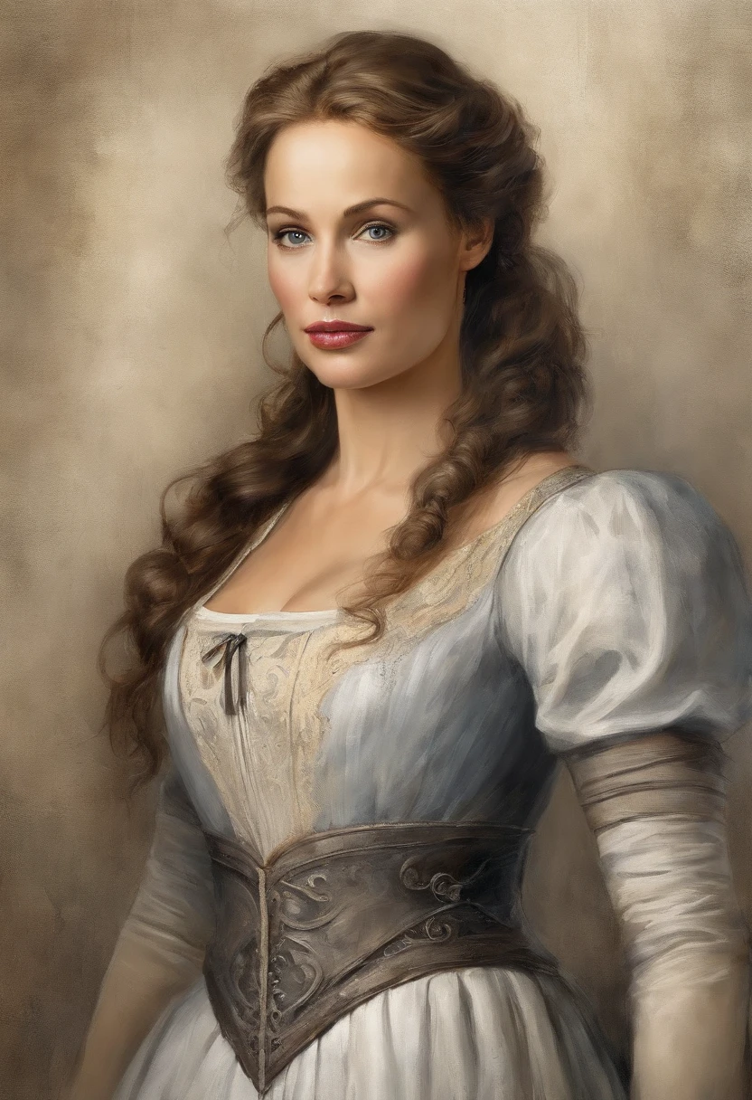 A painting of a woman in a white dress with a brown belt - SeaArt AI