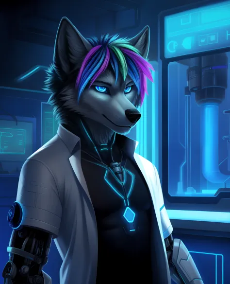 cyberpunk, portrait, cybernetic wolf, neon hair, (blue neon eyes:1.1), cybernetic limb, cybernetic arm, waring lab coat, lab roo...