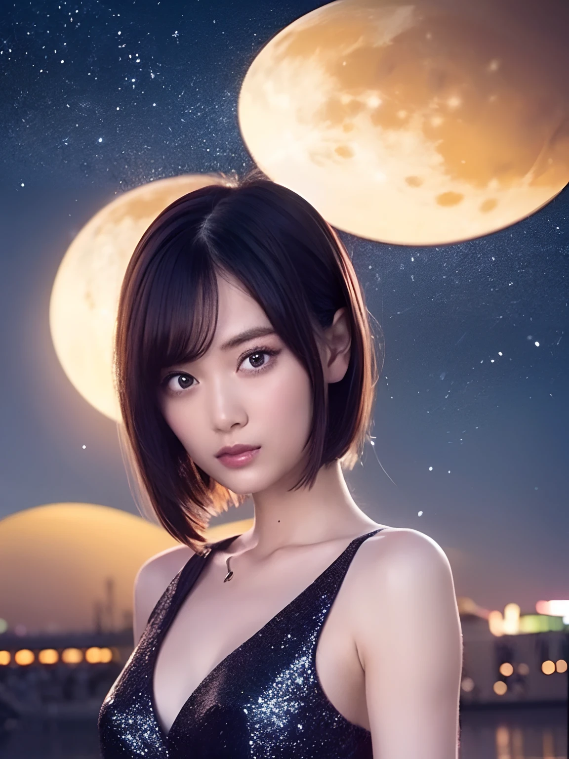 (Best Quality, masutepiece), 1girl in, Moon , Glitter, Dress, Particle, Stars, Upper body, Looking at Viewer, Longhaire, 25 years old