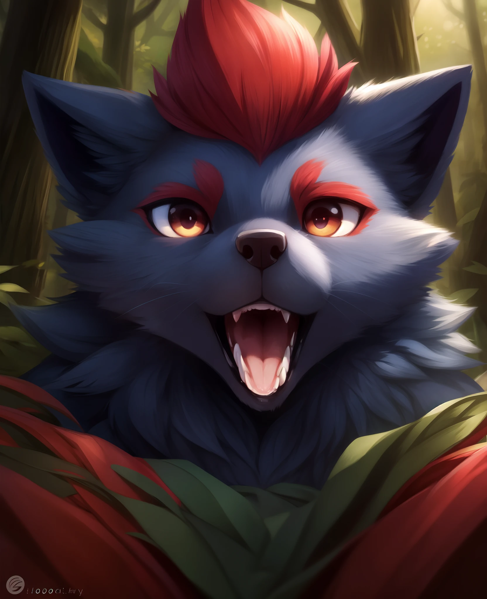 araffe with red hair and a furry tail in the woods, very very beautiful furry art, dramatic cinematic detailed fur, furry art, furry fantasy art, loish and wlop, anthro art, furry wolf, pov furry art, furry art!!!, kemono, 🌺 cgsociety, furry mawshot art, loish |, zorua pokemon, detailed fanart,