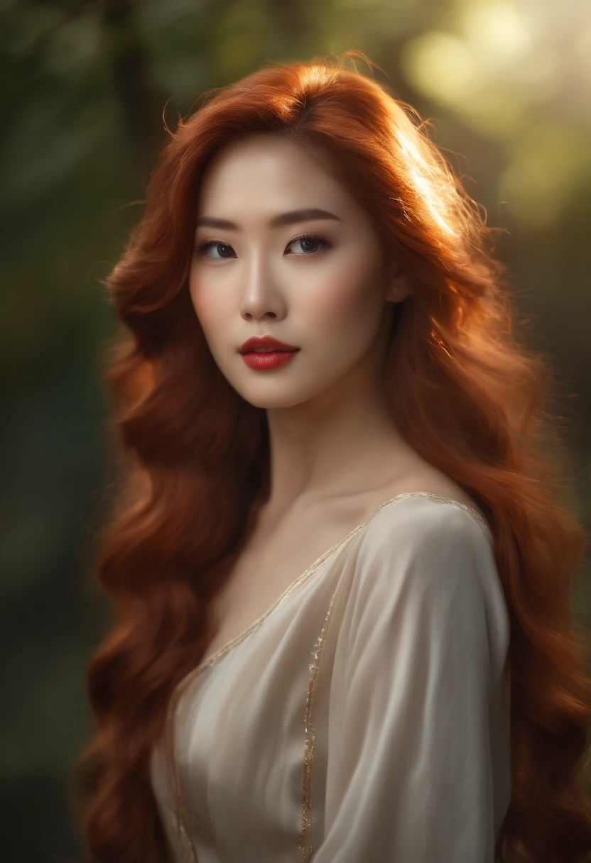 A close up of a woman with long red hair wearing a white dress - SeaArt AI