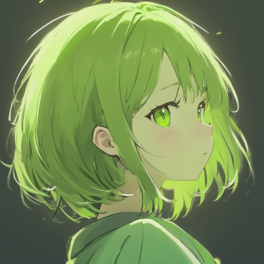 Chica anime con cabello verde y ojos verdes mirando algo. - SeaArt AI