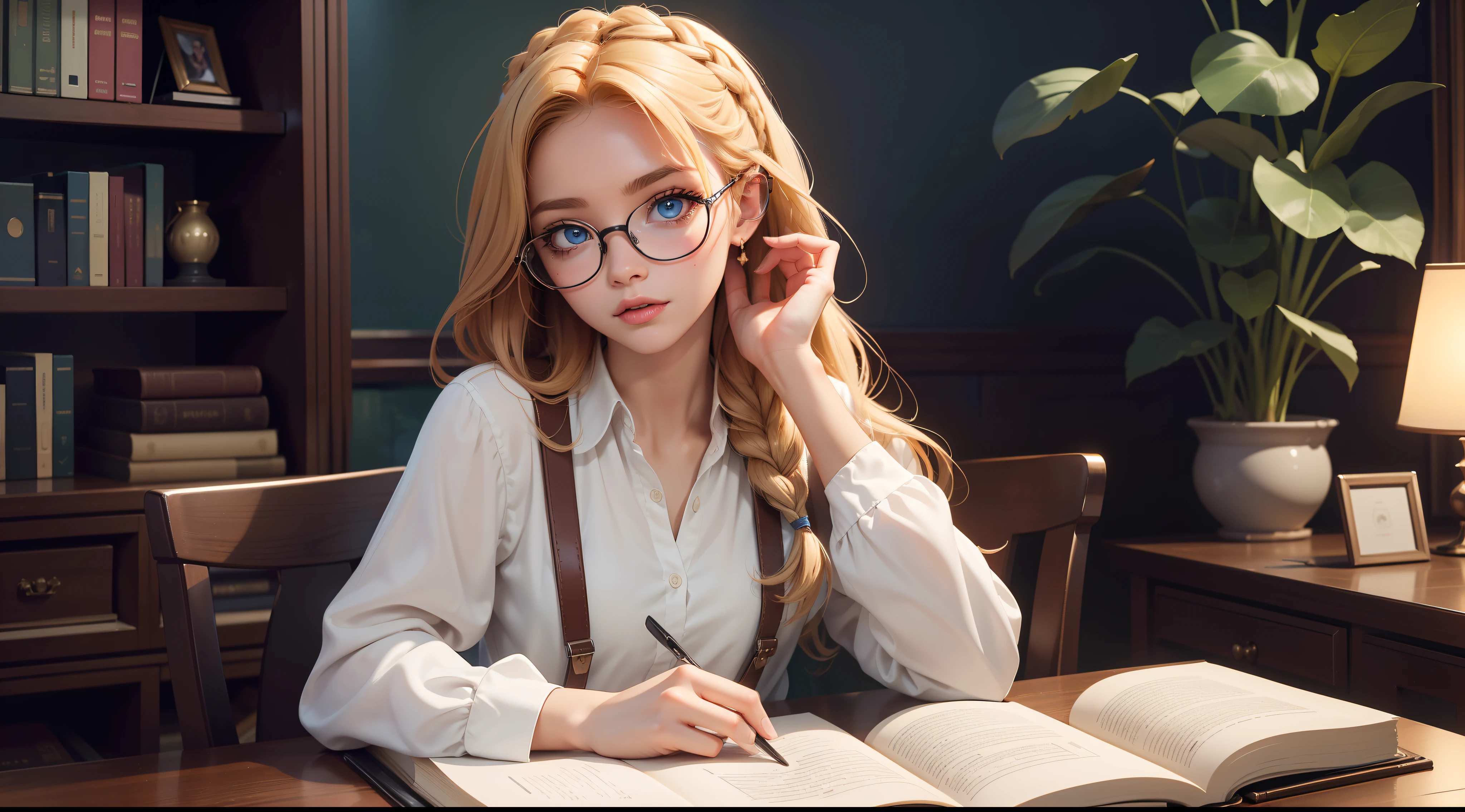 Solo, 1girl, masterpiece, best quality, extremly detailed, Cinematic lighting, intricate detail, highres, official art, finely detailed beautiful face and eyes, high resolution illustration, 8k, dark intense shadows, overexposure, [blonde hair/brown hair], single braid, blue eyes, glasses, smug, sitting on chair, upper body,white shirts, yellow suspenders, book_stack, library, ((vine)), rose, looking at the viewer