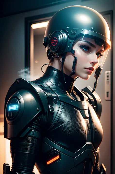 Realistic black combat android in an advanced cybernetic suit with cyberpunk technological helmet and visor