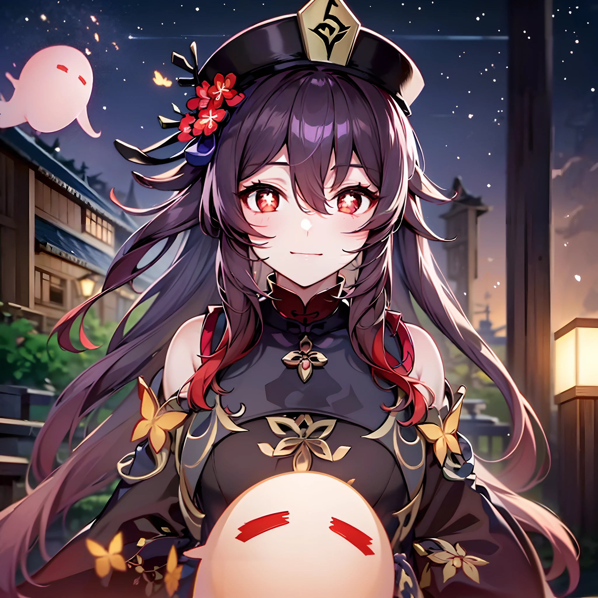 Anime girl with long hair and hat and ghost, Ayaka Genshin Impact, from arknights, shalltear bloodfallen, characters from azur lane, ayaka game genshin impact, from the azur lane videogame, genshin impact character, Genshin, Representation of ghosts, avatar image, nightcore, tired and haunted expression　　the original god　Hu Tao　Girls are cute　​masterpiece