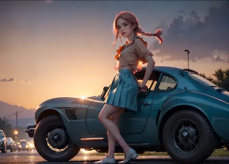 (a girl stand leaning againts front a vintage sport car:1.5), girl focus, areolas, ((see through white frilly shirt:1.3), full body, (dark_blue pleated skirt:1.2), (sweaty, see through)), (panty stretched:1.2), 25 years old, (beautiful sunset sky), (villag...