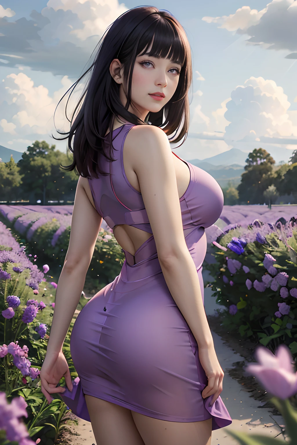 masterpiece, absurdres, hinata\(boruto\), 1girl, solo,mature female, purple falling tight satin dress,  transparent body, outdoors,lavender flower field, looking at viewer, (falling petals), cloudy sky, perfect composition, detailed lips, big breast, beautiful face, body propotion, blush, (pink lips), long hair,  purple eyes,  soft gaze, sad smile,  super realistic, detailed, photoshoot, realistic face and body,  realistic hair, realistic eyes, realistic nose, realistic lips, ((erect, emerge, streak)), butt to camera, emohasized ass