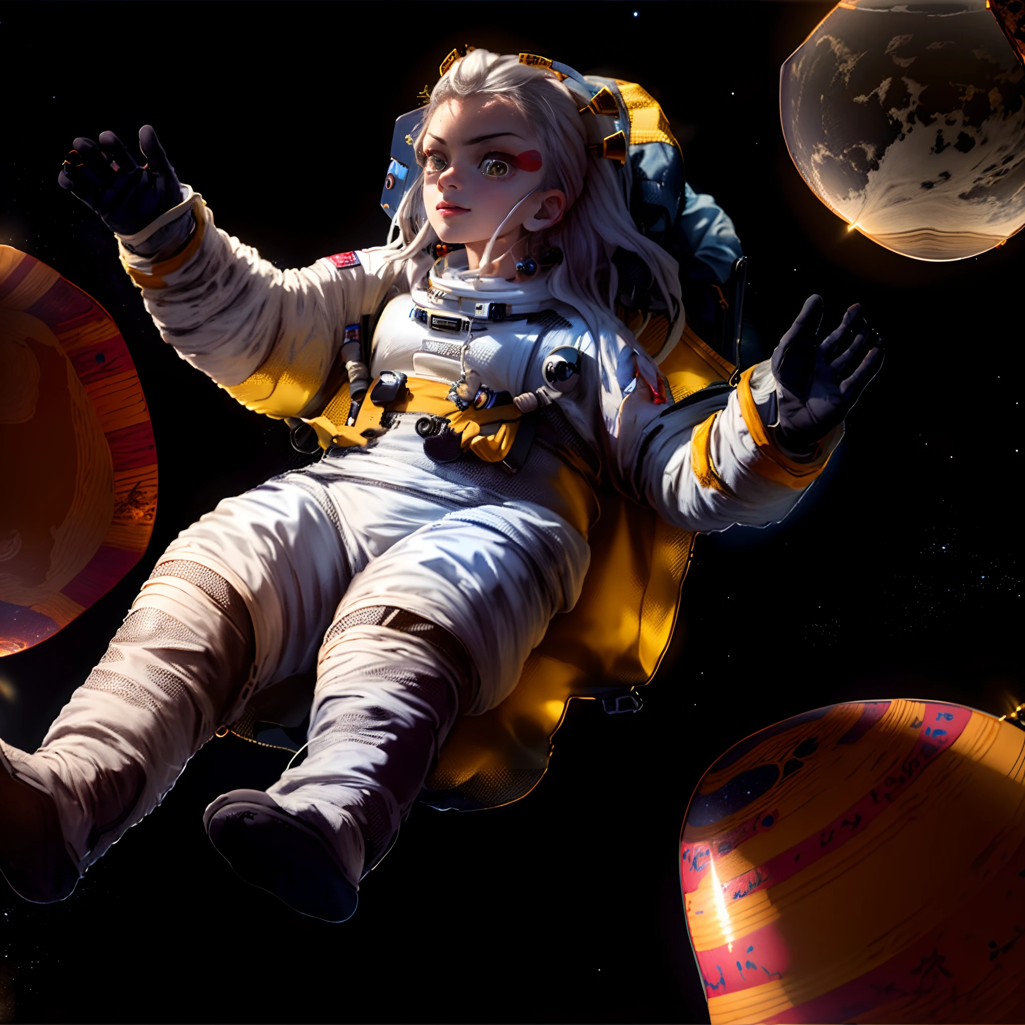 걸작, 최고의 품질, 다키V4, 여자 1명, 홀로, 짧은 머리, 더 하얀 머리카락, 노란 눈, 머리 장식, astronaut 우주에 떠 있는 with planets and planets in the background, 우주의 소녀, 우주 공간에 떠 있는, 우주에 떠 있는, 우주복을 입고